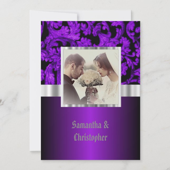 Convite Purple and black gothic wedding photo invitation (Verso)