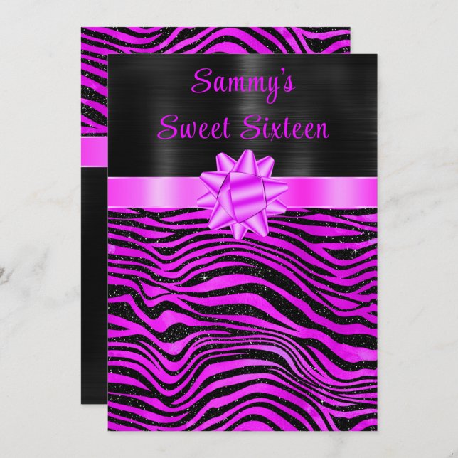 Convite Purple and Black Zebra Stripes Sweet Sixteen (Frente/Verso)