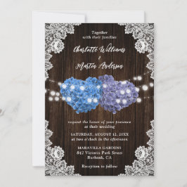 Convite Purple and Blue Floral Hearts Wood Lace Wedding
