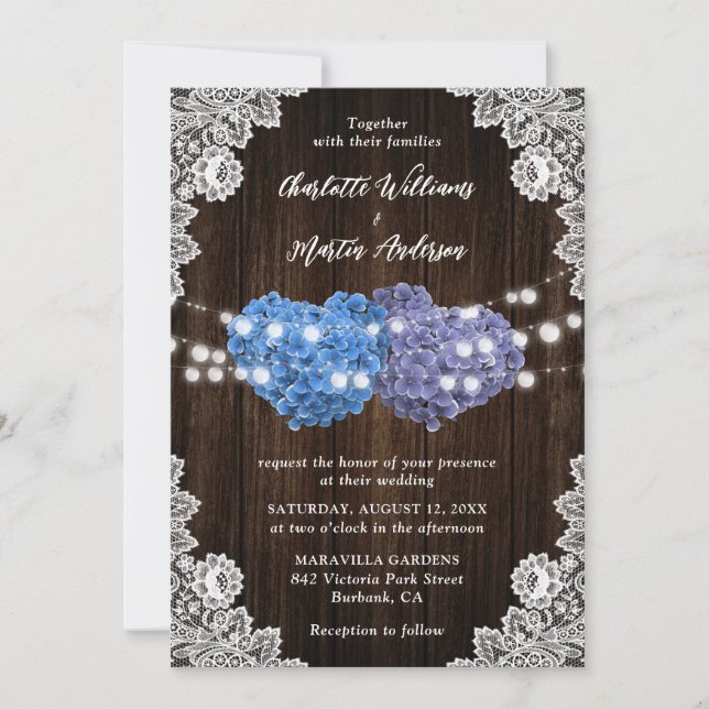 Convite Purple and Blue Floral Hearts Wood Lace Wedding (Frente)