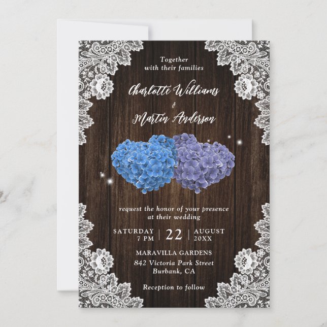 Convite Purple and Blue Rustic Floral Lace Wood Wedding (Frente)