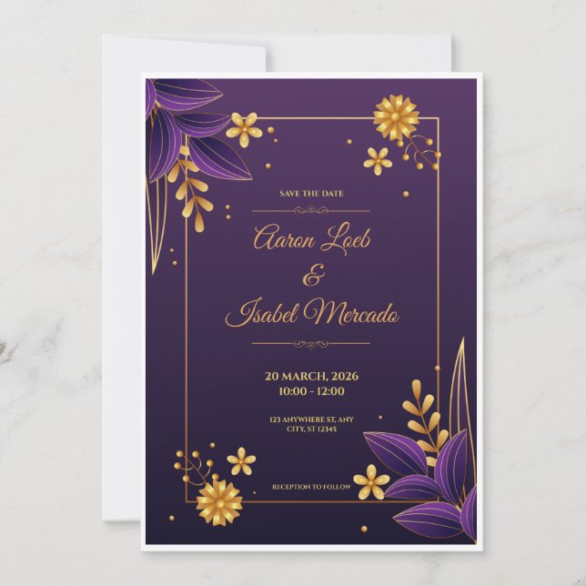 Convite Purple and Gold Aesthetics Floral Save the Date (Frente)