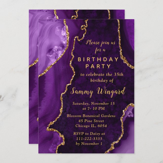 Convite Purple and Gold Agate Marble Birthday Party (Frente/Verso)