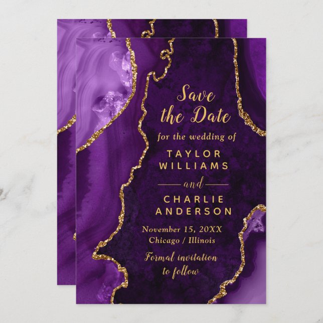 Convite Purple and Gold Agate Marble Save The Date (Frente/Verso)