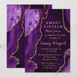 Convite Purple and Gold Agate Marble Sweet Sixteen