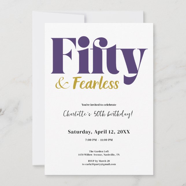 Convite Purple and Gold Fifty & Fearless 50th Birthday (Frente)