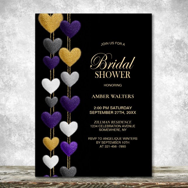 Convite Purple and Gold Hearts Bridal Shower (Criador carregado)