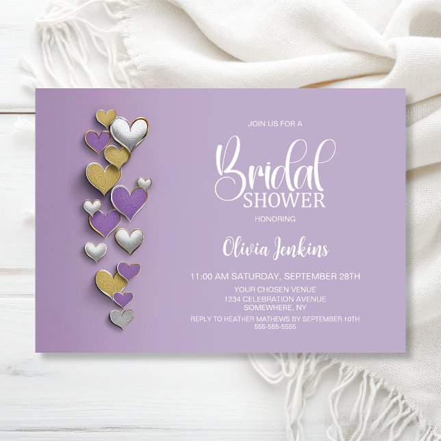 Convite Purple and Gold Hearts Bridal Shower (Criador carregado)