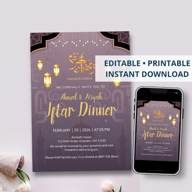 Convite Purple and Gold Islamic Lanterns Iftar Invitation (Criador carregado)