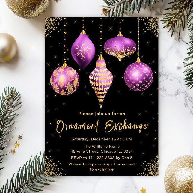 Convite Purple and Gold Ornament Exchange Party (Criador carregado)