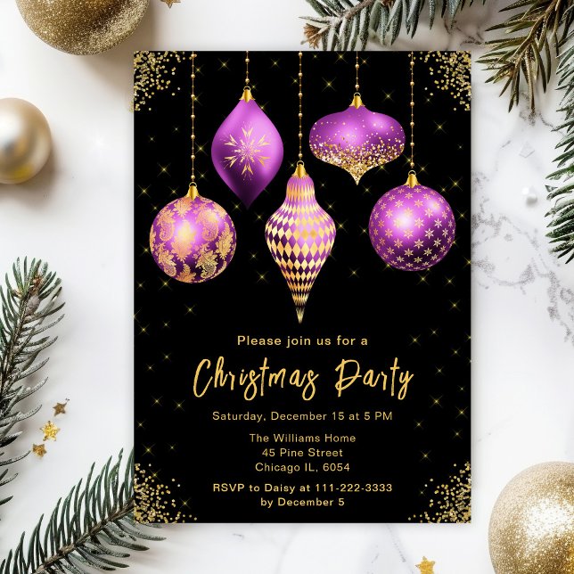 Convite Purple and Gold Ornaments Christmas Party (Criador carregado)