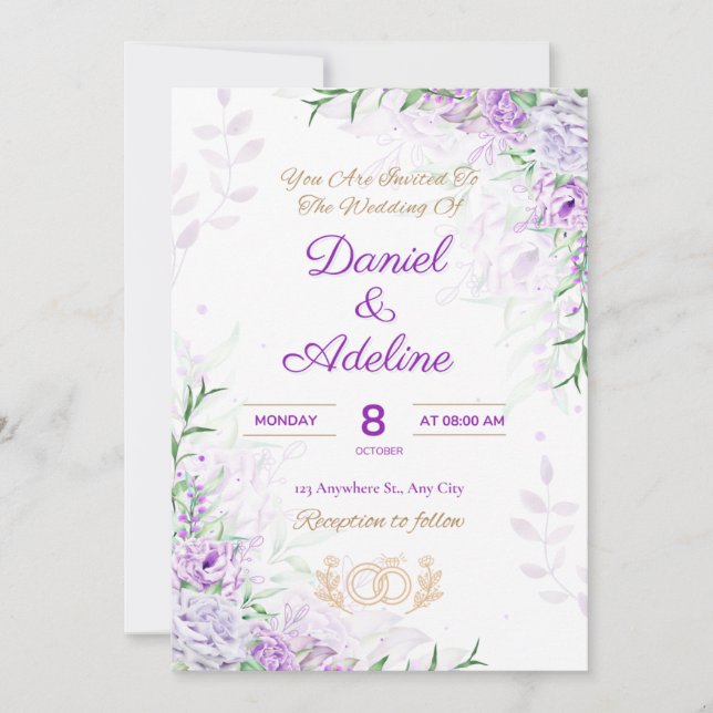 Convite Purple and Green elegant wedding invitation (Frente)