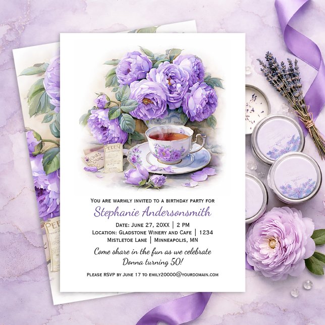 Convite Purple and Lavender Peonies Tea Cup Birthday Party (Criador carregado)