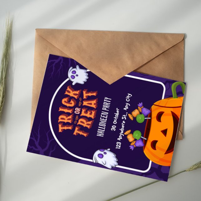 Convite Purple And Orange Trick Or Treat Halloween Party  (Criador carregado)