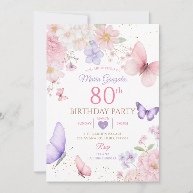 Convite Purple and Pink Floral Butterfly 80th Birthday (Frente)