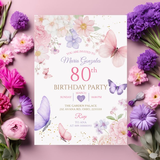 Convite Purple and Pink Floral Butterfly 80th Birthday (Criador carregado)