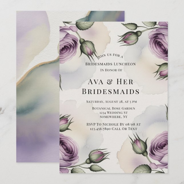 Convite Purple and Sage Green Roses Bridesmaids Luncheon (Frente/Verso)