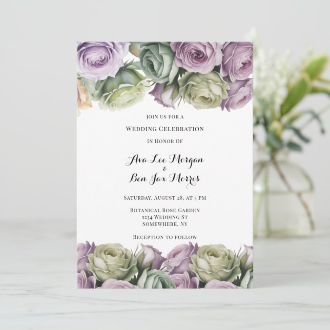 Convite Purple and Sage Green Roses Painted Wedding (Em pé/Frente)