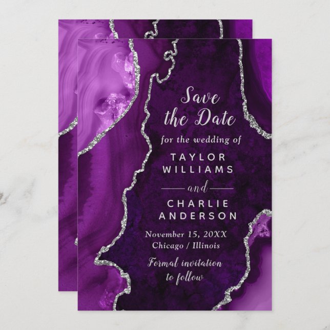 Convite Purple and Silver Agate Marble Save The Date (Frente/Verso)