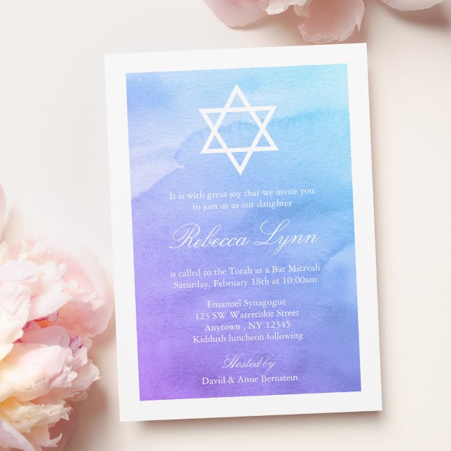 Convite Purple and Teal Watercolor Bat Mitzvah (Criador carregado)