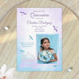 Convite Purple and Turquoise, Dragonflies Quinceañera