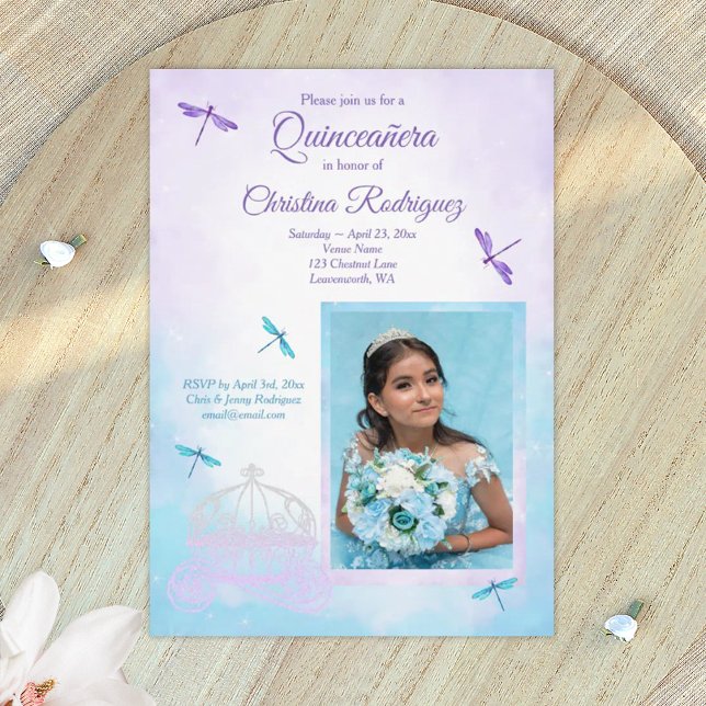 Convite Purple and Turquoise, Dragonflies Quinceañera (light purple quinceanera invitations)