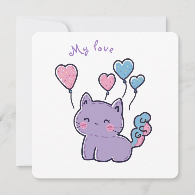 Convite purple anime kitten and hearts (Frente)