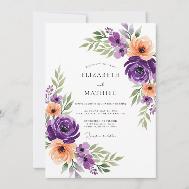 Convite Purple Artful Botanical Wedding (Frente)