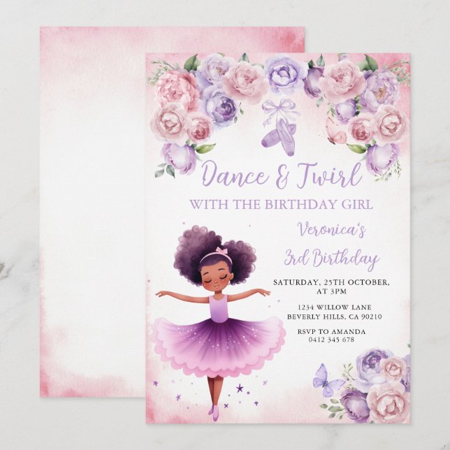 Convite Purple Ballerina 3rd Birthday (Frente/Verso)