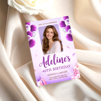 Convite Purple Balloon Photo 40th Birthday for Women