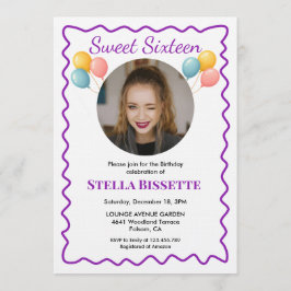 Convite Purple Balloons Photo Sweet Sixteen Birthday 