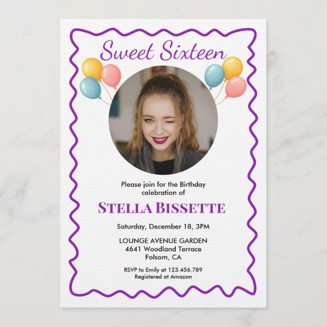 Convite Purple Balloons Photo Sweet Sixteen Birthday  (Frente)