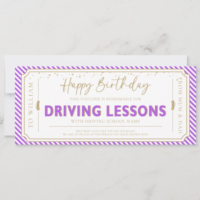 Convite Purple Birthday Driving Lessons Gift Voucher Card (Frente)