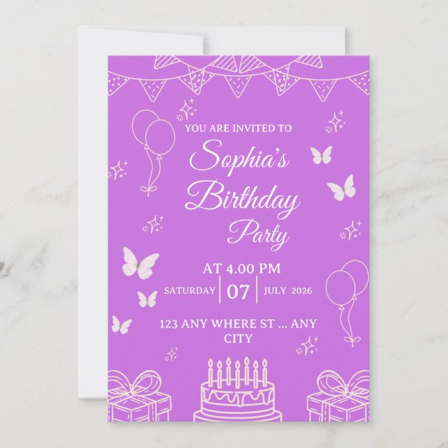 Convite Purple Birthday Party Invitation with Balloons (Frente)