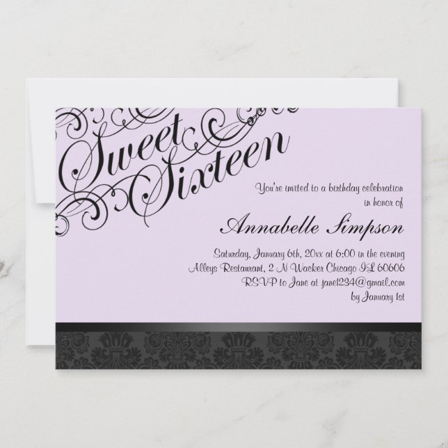 Convite Purple & Black Chic Damask Sweet16 (Frente)