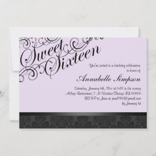 Convite Purple & Black Chic Damask Sweet16