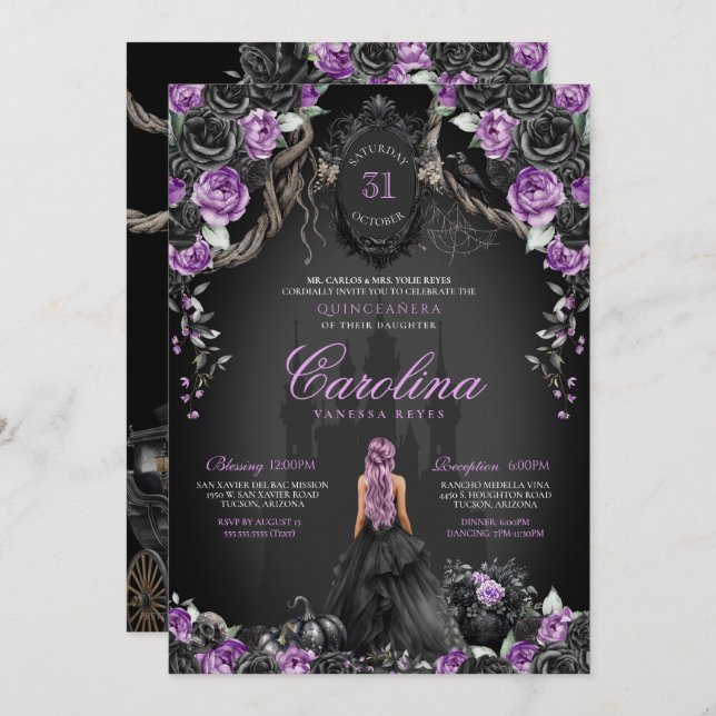 Convite Purple Black Gothene Princess Halloween Quinceañer (Frente/Verso)