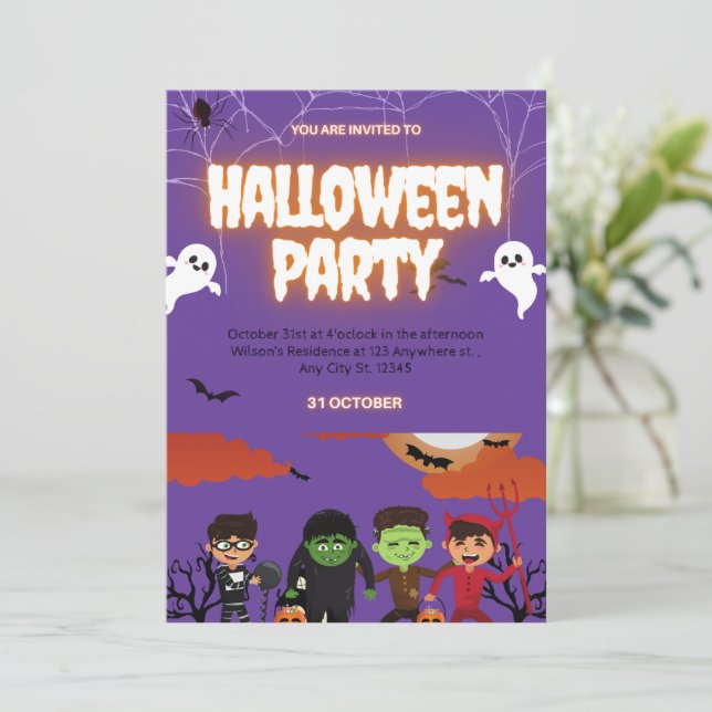 Convite Purple & Black Halloween Party Invitation (Em pé/Frente)