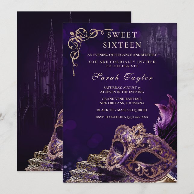 Convite Purple Black Sweet 16 Masquerade Elegant Venetian (Frente/Verso)
