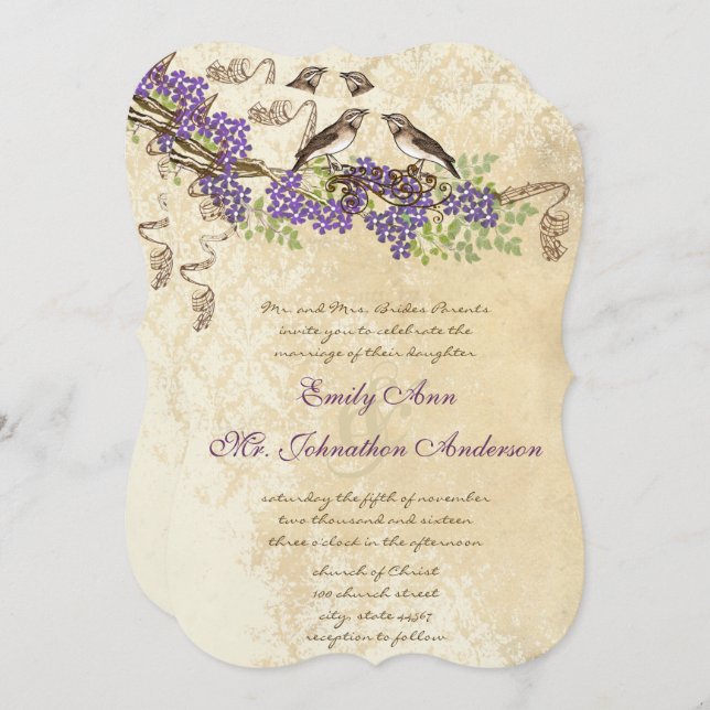 Convite Purple Blooms Green deixa casamentos de aves de ca (Frente/Verso)