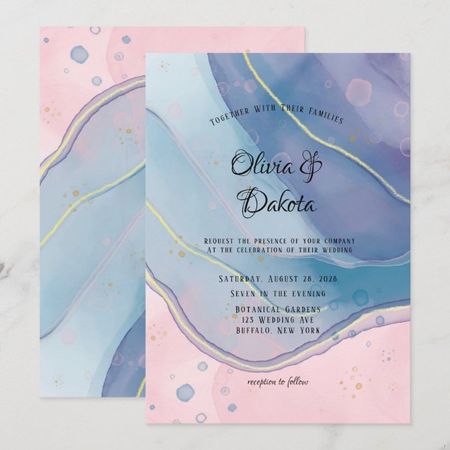 Convite Purple Blue and Blush Pink Alcohol Ink Wedding (Frente/Verso)