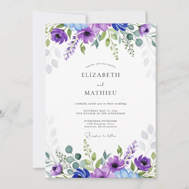 Convite Purple Blue Ethereal Botanical Wedding (Frente)