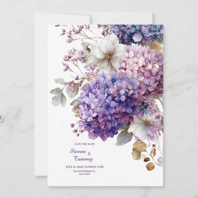 Convite Purple Blue Hydrangea Gold Floral Watercolor (Frente)