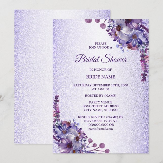 Convite Purple Blue Pink Floral Glitter Bridal Shower (Frente/Verso)
