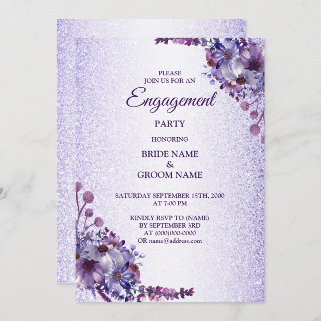 Convite Purple Blue Pink Floral Glitter Engagement Party (Frente/Verso)