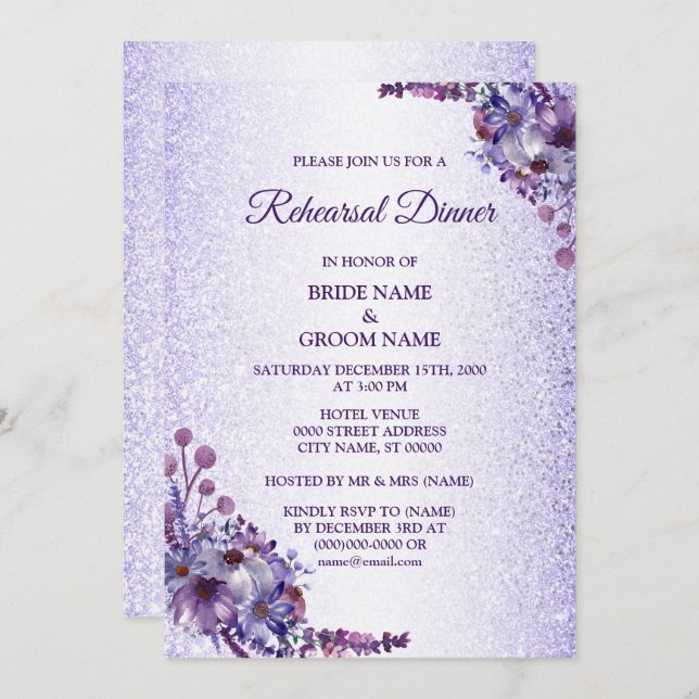 Convite Purple Blue Pink Floral Glitter Rehearsal Dinner (Frente/Verso)
