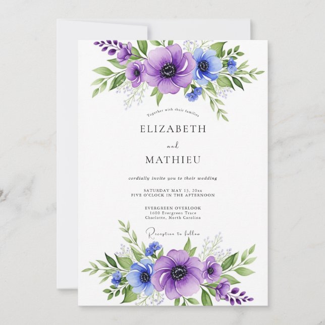 Convite Purple Blue Vibrant Anemone Wedding (Frente)