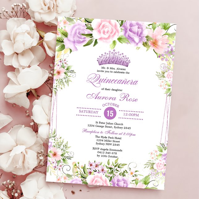 Convite Purple Blush Boho Floral Quinceañera 15 Aniversári (Criador carregado)