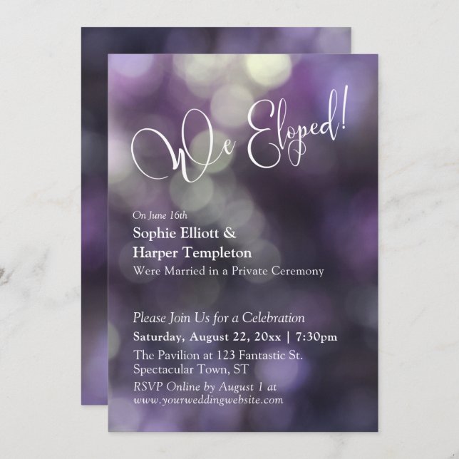 Convite Purple Bokee Light & "We Eloped" Tipografia (Frente/Verso)