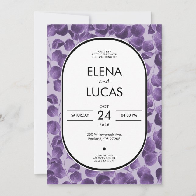 Convite Purple Botanical Eucalyptus Wedding Invitation (Frente)